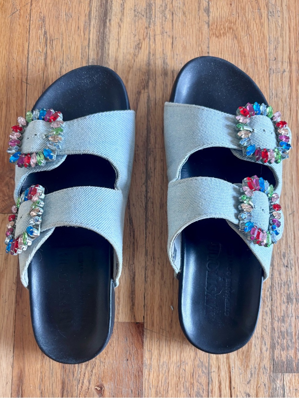 Mystique Womens Light Blue Jeweled Double-Strap Slide Sandals